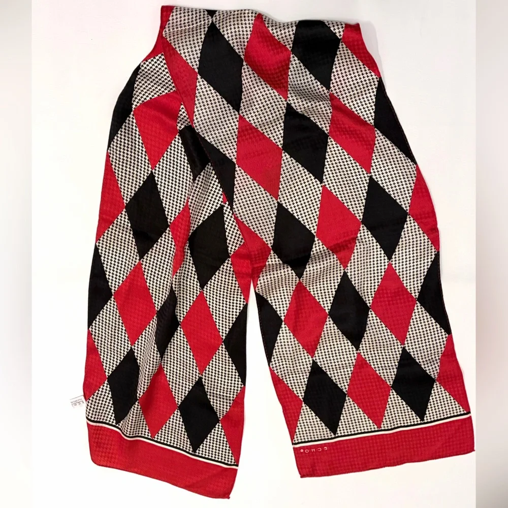 Echo 100% Silk Scarf Red White and Black Diamond Harlequin Pattern 11”x 59”